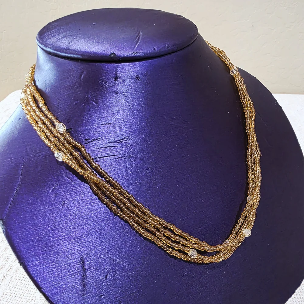 Vintage Glass Bead Beaded Amber Orange Gold White 4 Strand Layered Necklace